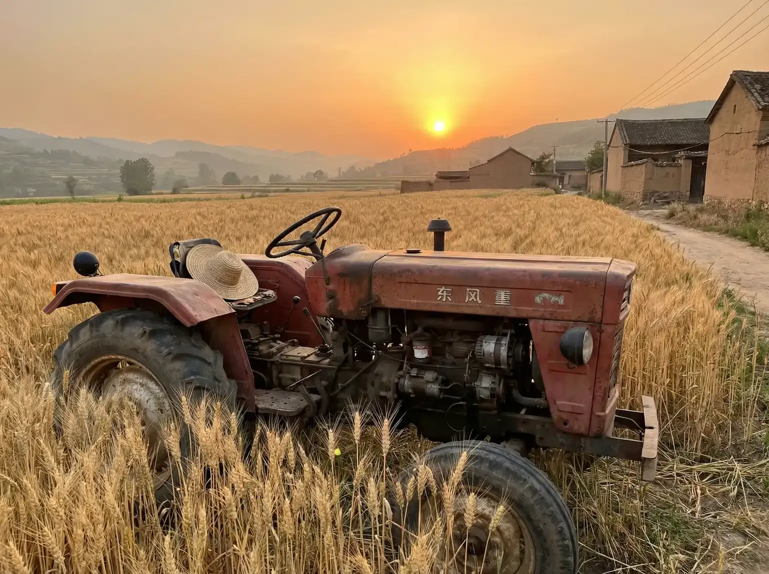 夕阳下的老式拖拉机停在麦田边 - 电视剧兵临村下 田间记忆
